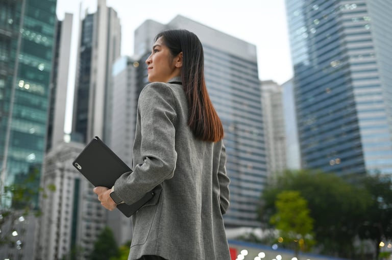 Business professional with city skyline representing digital presence